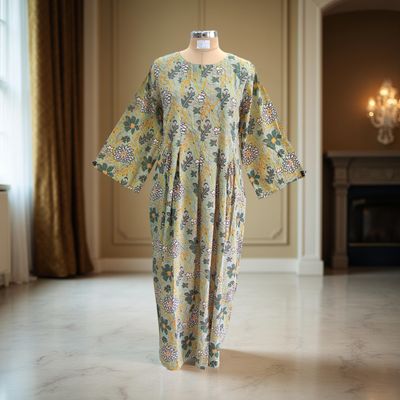 S/M Ruby Green Printed Cotton Dress 57&quot; Long Jalabiya