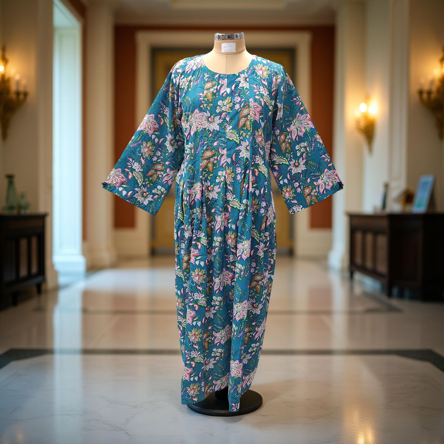 L/XL Ruby Blue Printed Cotton Dress 57&quot; Long Jalabiya