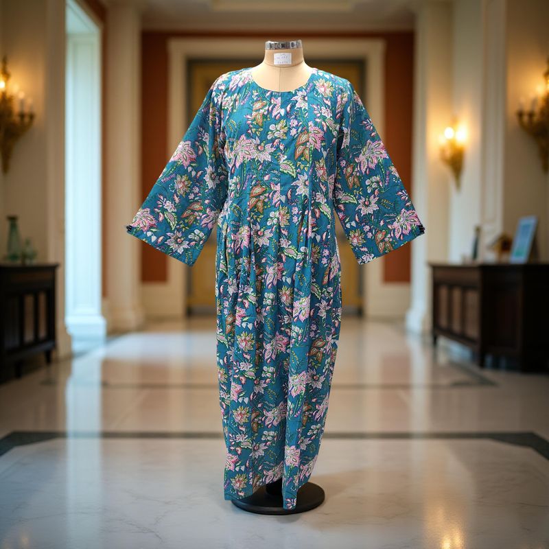 L/XL Ruby Blue Printed Cotton Dress 57&quot; Long Jalabiya