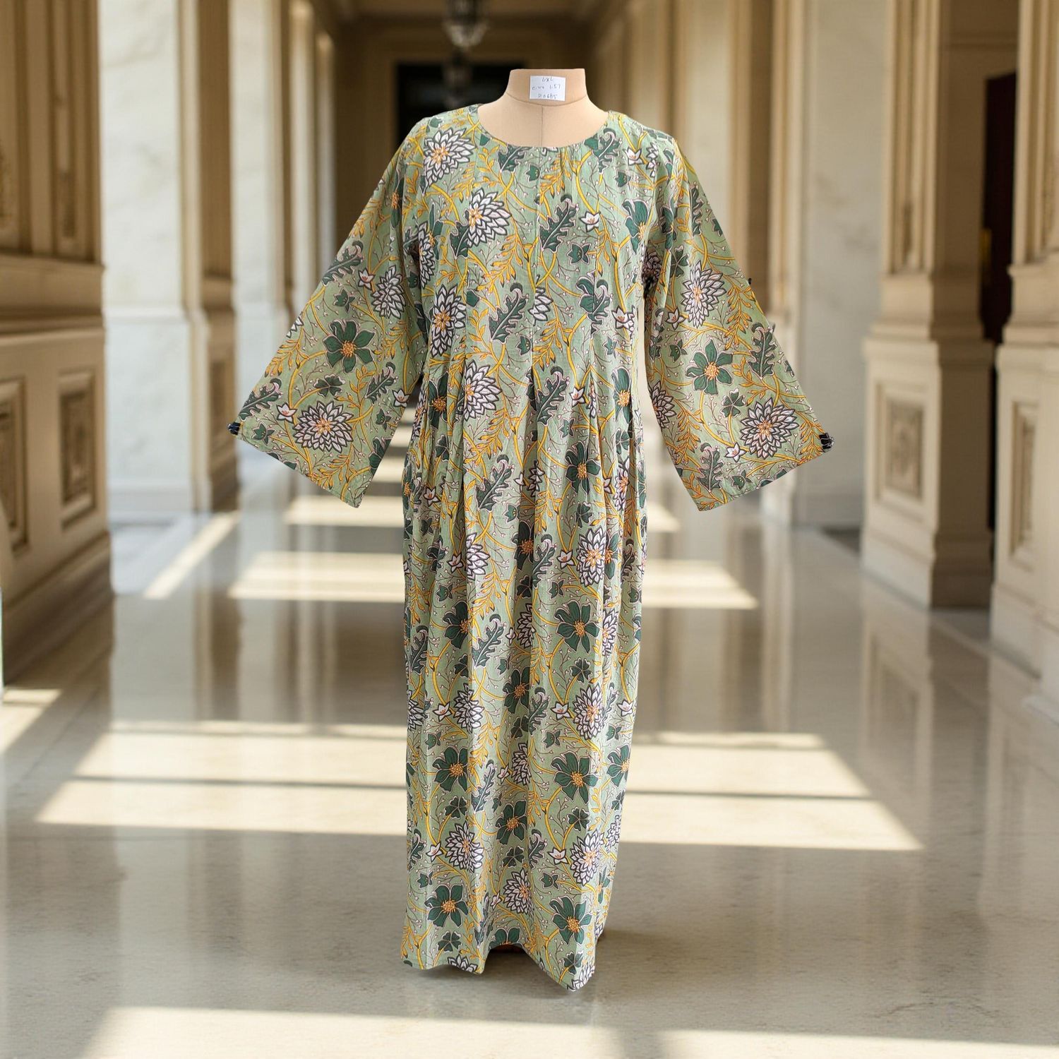 L/XL Ruby Green Printed Cotton Dress 57&quot; Long Jalabiya