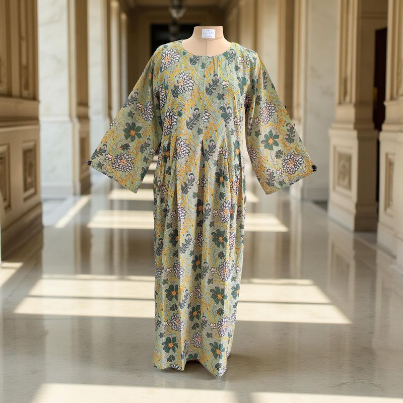 L/XL Ruby Green Printed Cotton Dress 57&quot; Long Jalabiya