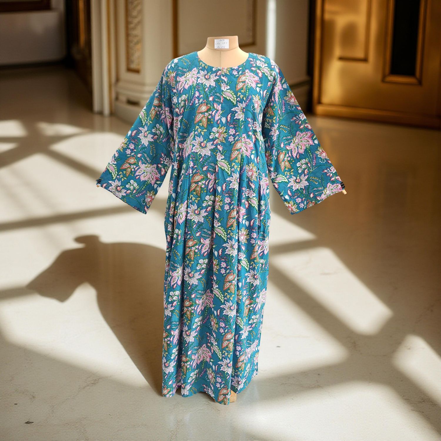 2XL/2XL Ruby Blue Printed Cotton Dress 57&quot; Long Jalabiya