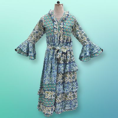 S/M Sabah Blue Printed Cotton Dress 57&quot; Long Jalabiya