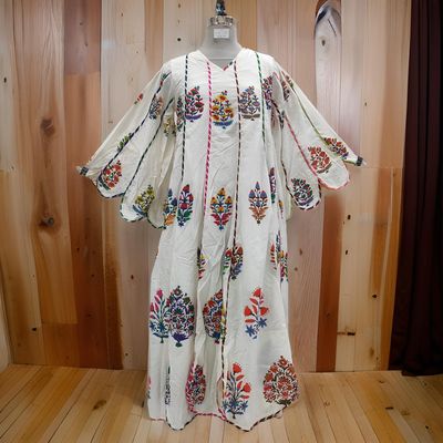 S/M Meher White Printed Cotton Dress 57&quot; Long Jalabiya