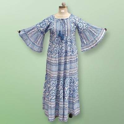 S/M Gaby Crystal Blue Printed Cotton Dress 57&quot; Long Jalabiya