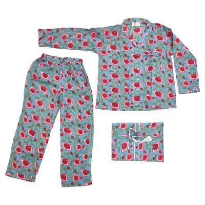 12-13 Year Full Sleeves Full Collar Neck Cotton Teal Pajamas Set