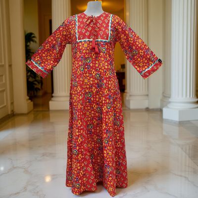 12-13 Year Anaya Printed Cotton Girls Dress 50&quot; Long Jalabiya