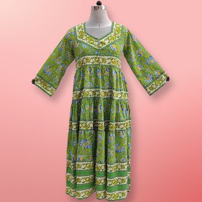 12-13 Year Huda Green Printed Cotton Girls Dress 50&quot; Long Jalabiya