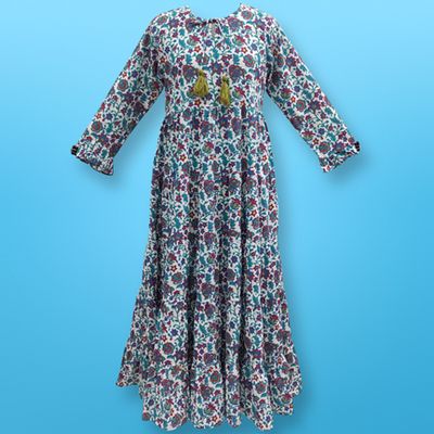 L/XL Razia Blue Printed Cotton Dress 57&quot; Long Jalabiya