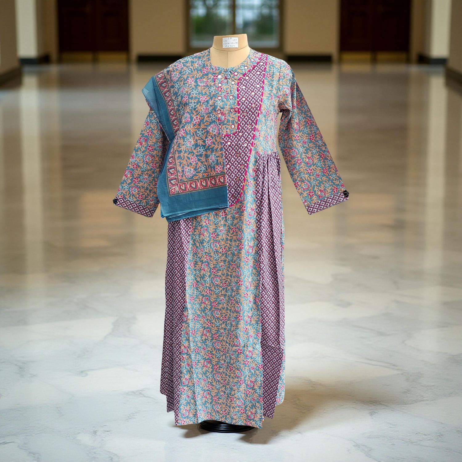 S/M Suf With Scarf Printed Cotton Dress 57&quot;Long Sleeves Jalabiya