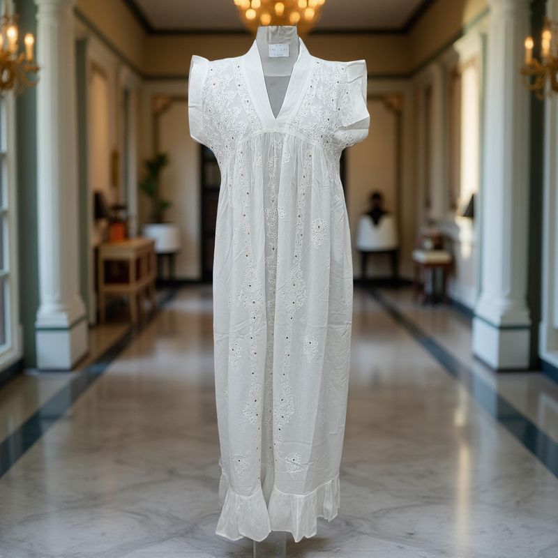 L/XL Amani White Embroidery Cotton Dress 57&quot; Short Sleeves Jalabiya