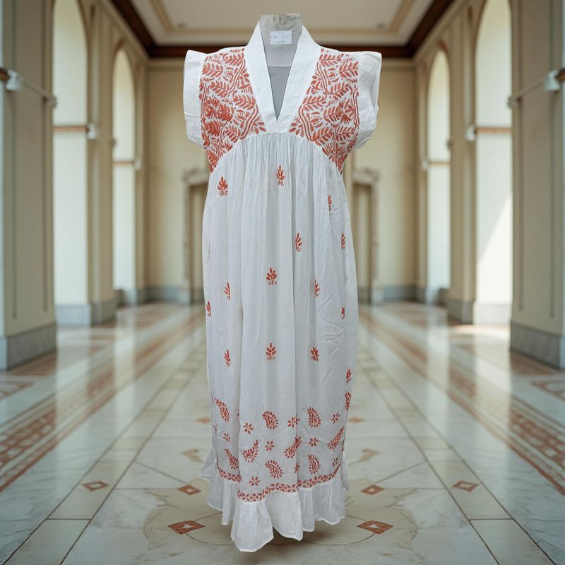L/XL Amani Embroidery Cotton Dress 57&quot; Short Sleeves Jalabiya