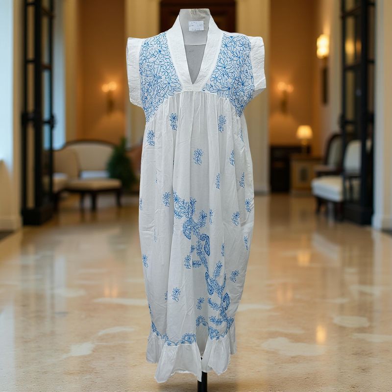 L/XL Amani Embroidery Cotton Dress 57&quot; Short Sleeves Jalabiya