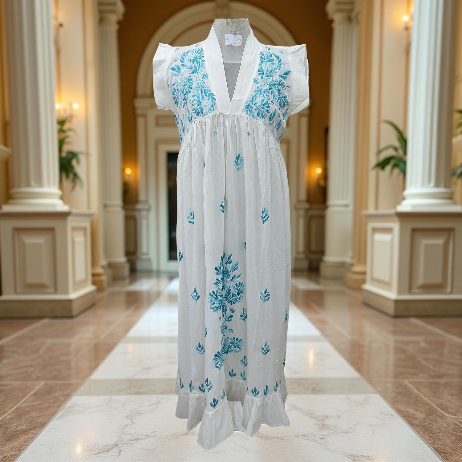 S/M Amani Embroidery Cotton Dress 57&quot; Short Sleeves Jalabiya