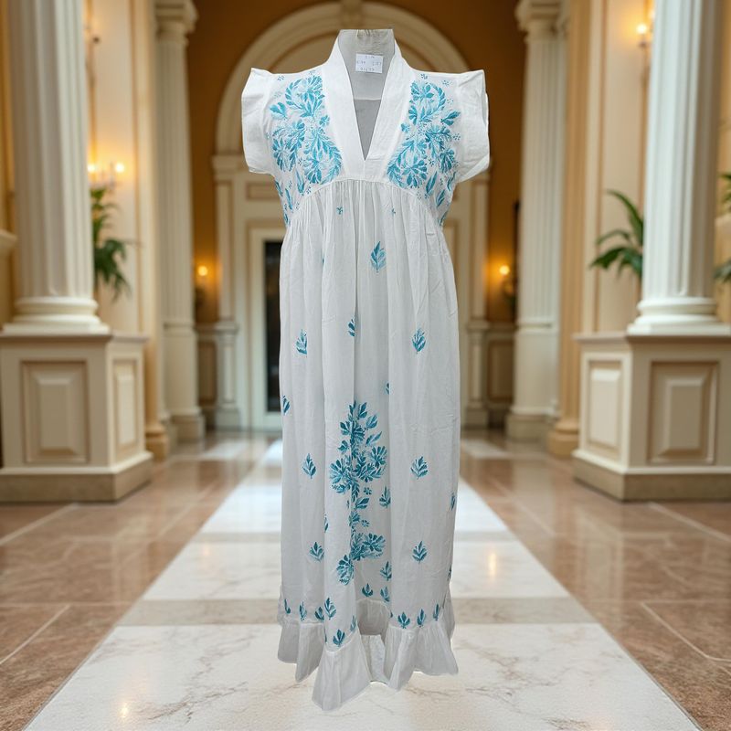 S/M Amani Embroidery Cotton Dress 57&quot; Short Sleeves Jalabiya