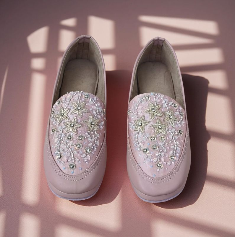 Leather Pink Hand Embroidered Indian Style Loafers