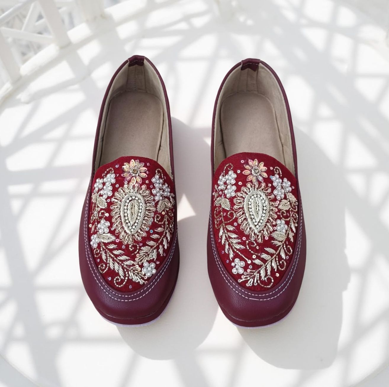 Leather Maroon Hand Embroidered Indian Style Loafers
