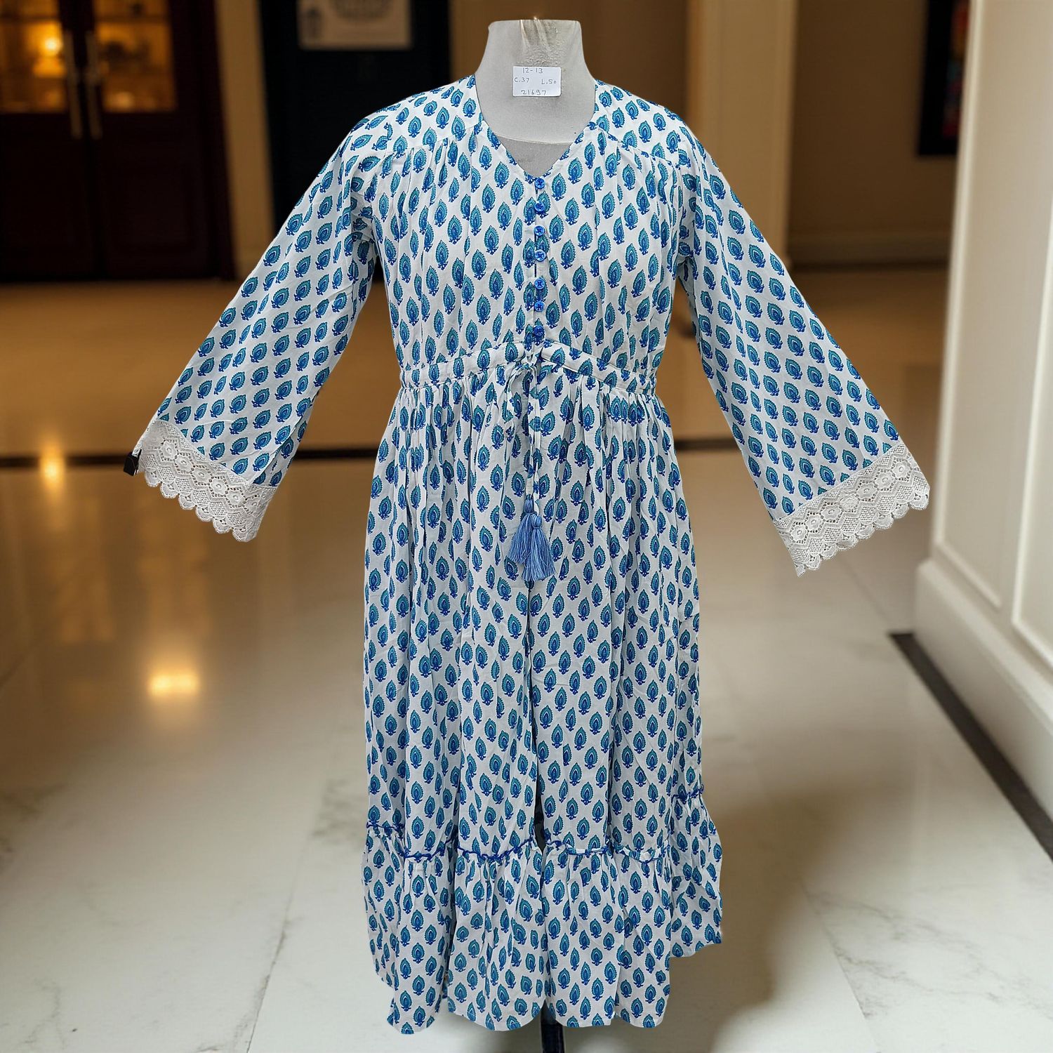 12-13 Year Ari Printed Cotton Girls Dress 50&quot; Long Jalabiya