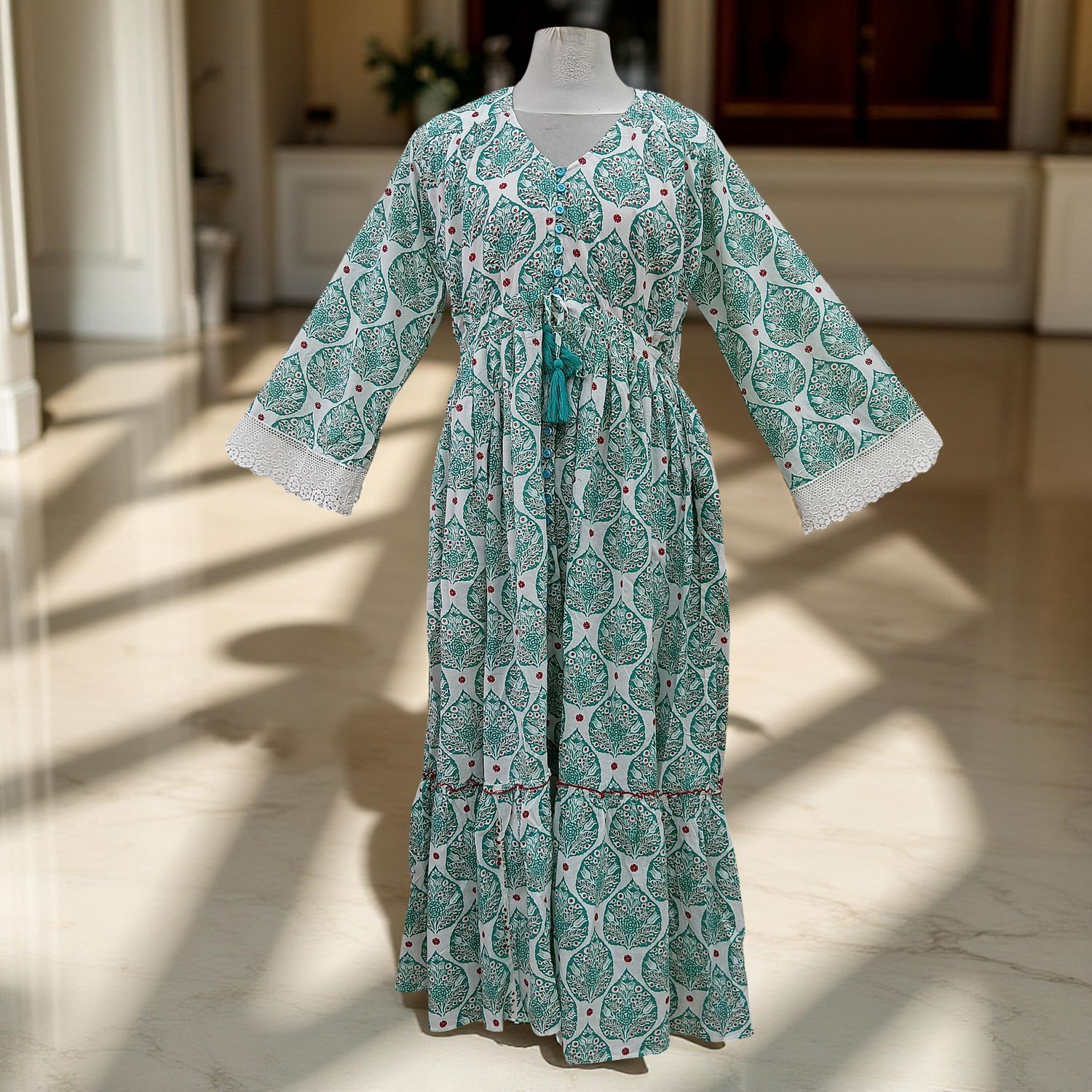 S/M Ari Printed Cotton Dress 57&quot; Long Jalabiya