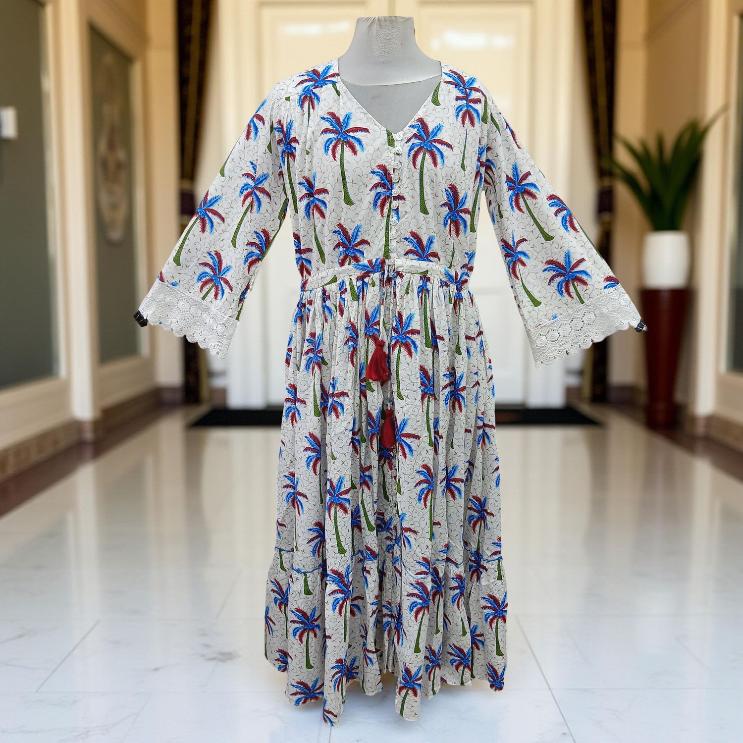 S/M Ari Printed Cotton Dress 57&quot; Long Jalabiya