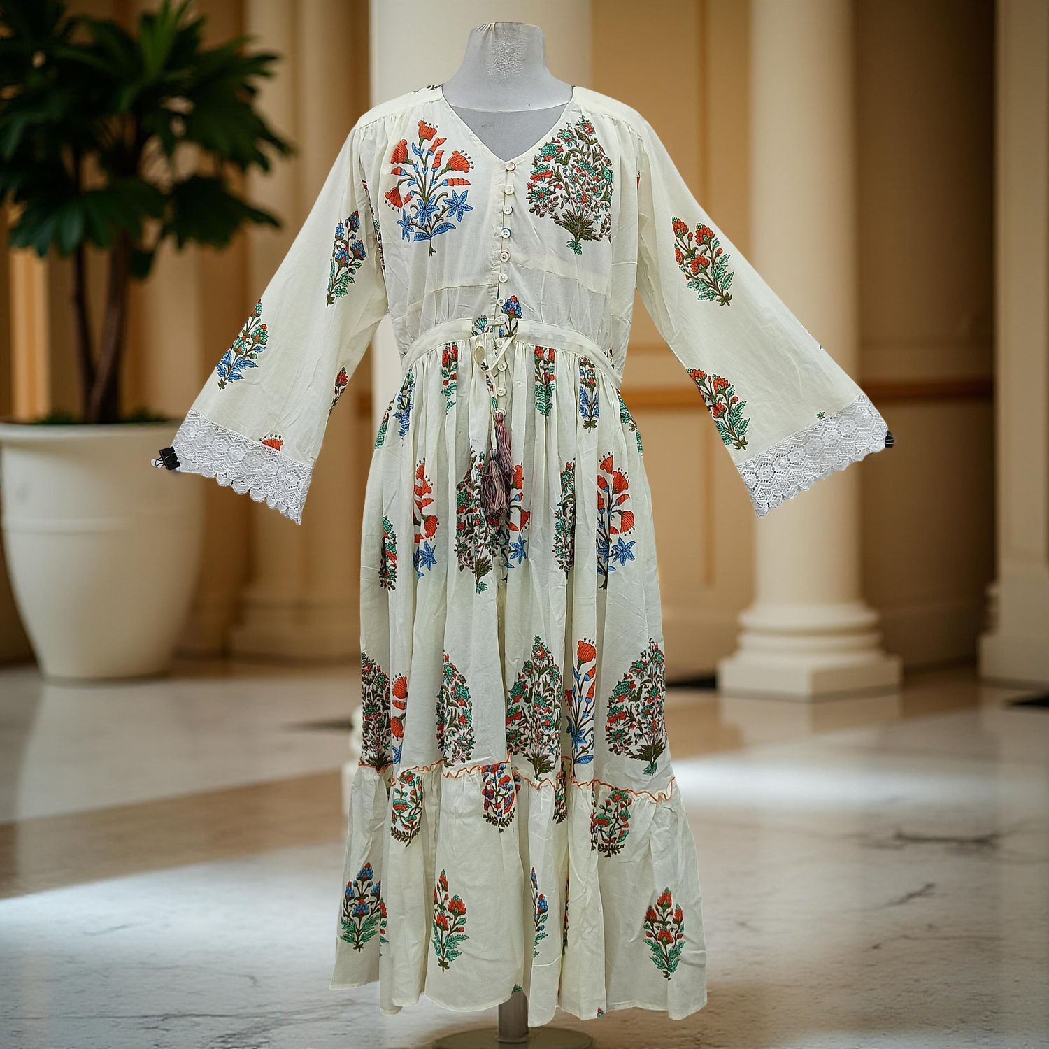 S/M Ari Printed Cotton Dress 57&quot; Long Jalabiya