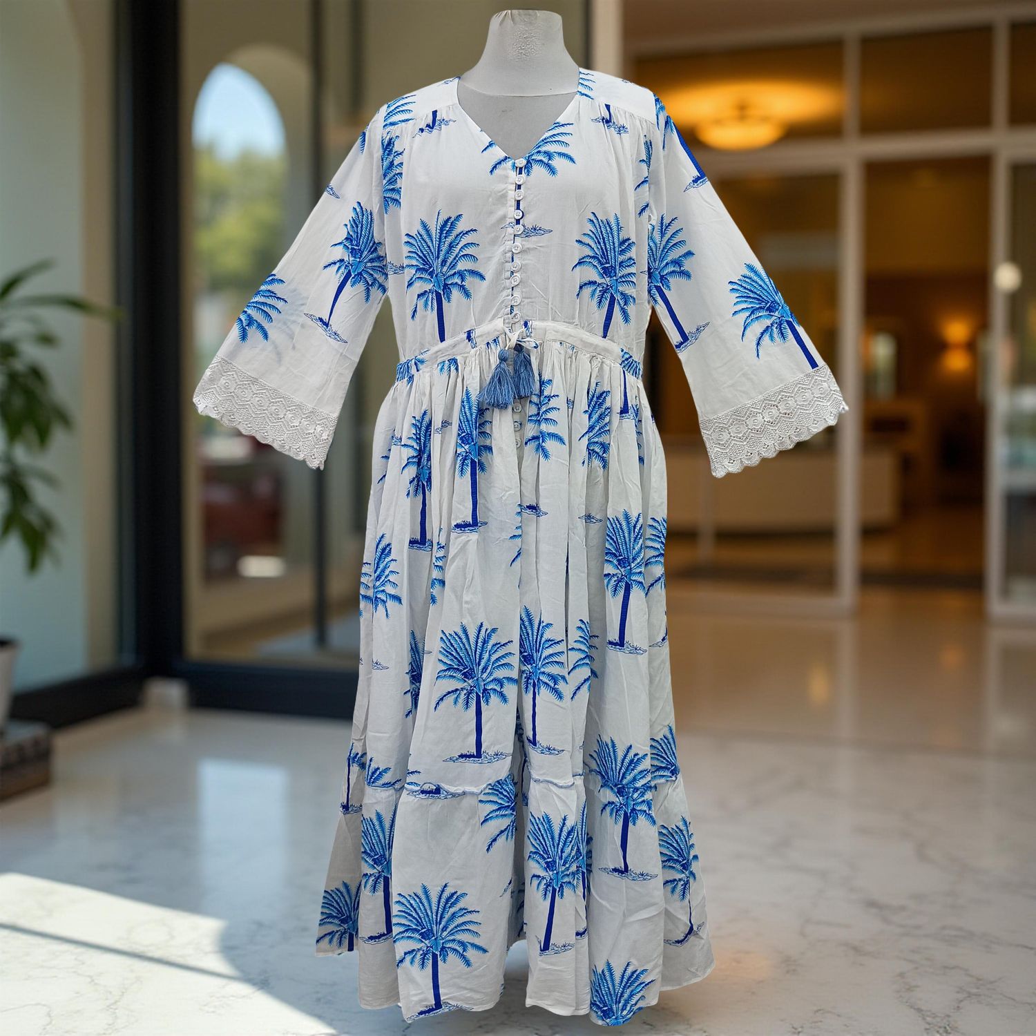 S/M Ari Printed Cotton Dress 57&quot; Long Jalabiya