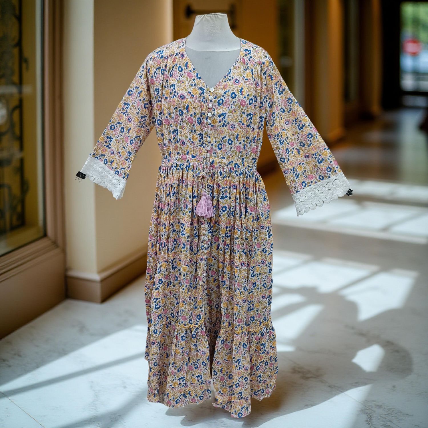 S/M Ari Printed Cotton Dress 57&quot; Long Jalabiya