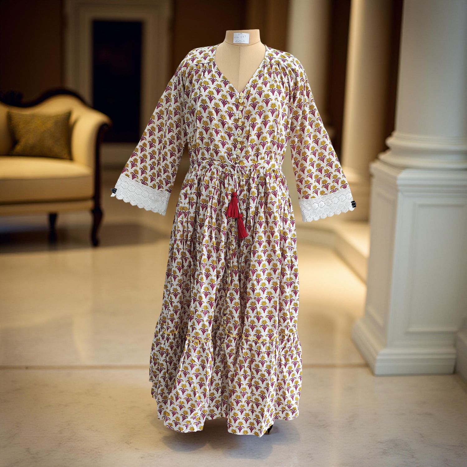 S/M Ari Printed Cotton Dress 57&quot; Long Jalabiya