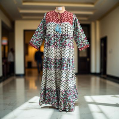 S/M Hafsa Printed Cotton Dress 57&quot; Long Jalabiya