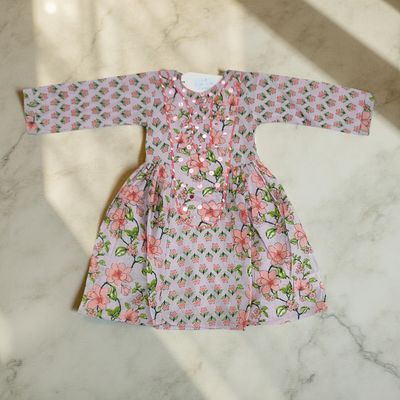 1-2 Year Suf Blue Printed Cotton Girls Dress 26&#39;&#39; Long Jalabiya