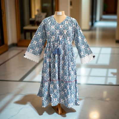 12-13 Year Ari Printed Cotton Girls Dress 50&quot; Long Jalabiya