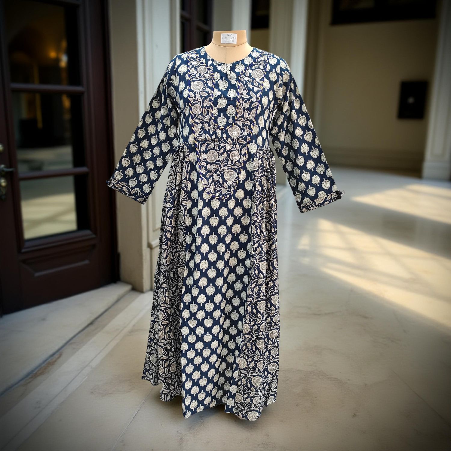 S/M Suf Printed Cotton Dress 57&quot;Long Sleeves Jalabiya
