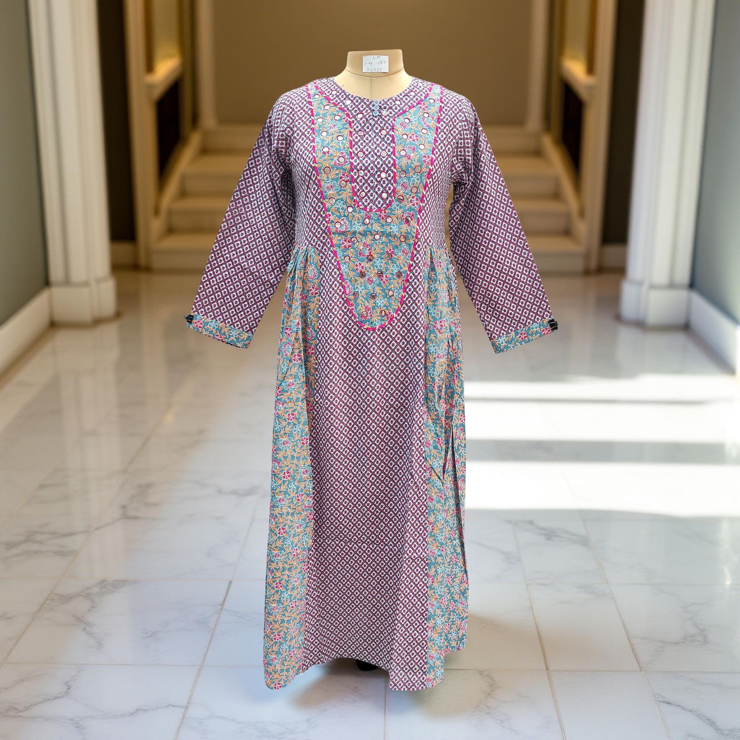 S/M Suf Printed Cotton Dress 57&quot;Long Sleeves Jalabiya
