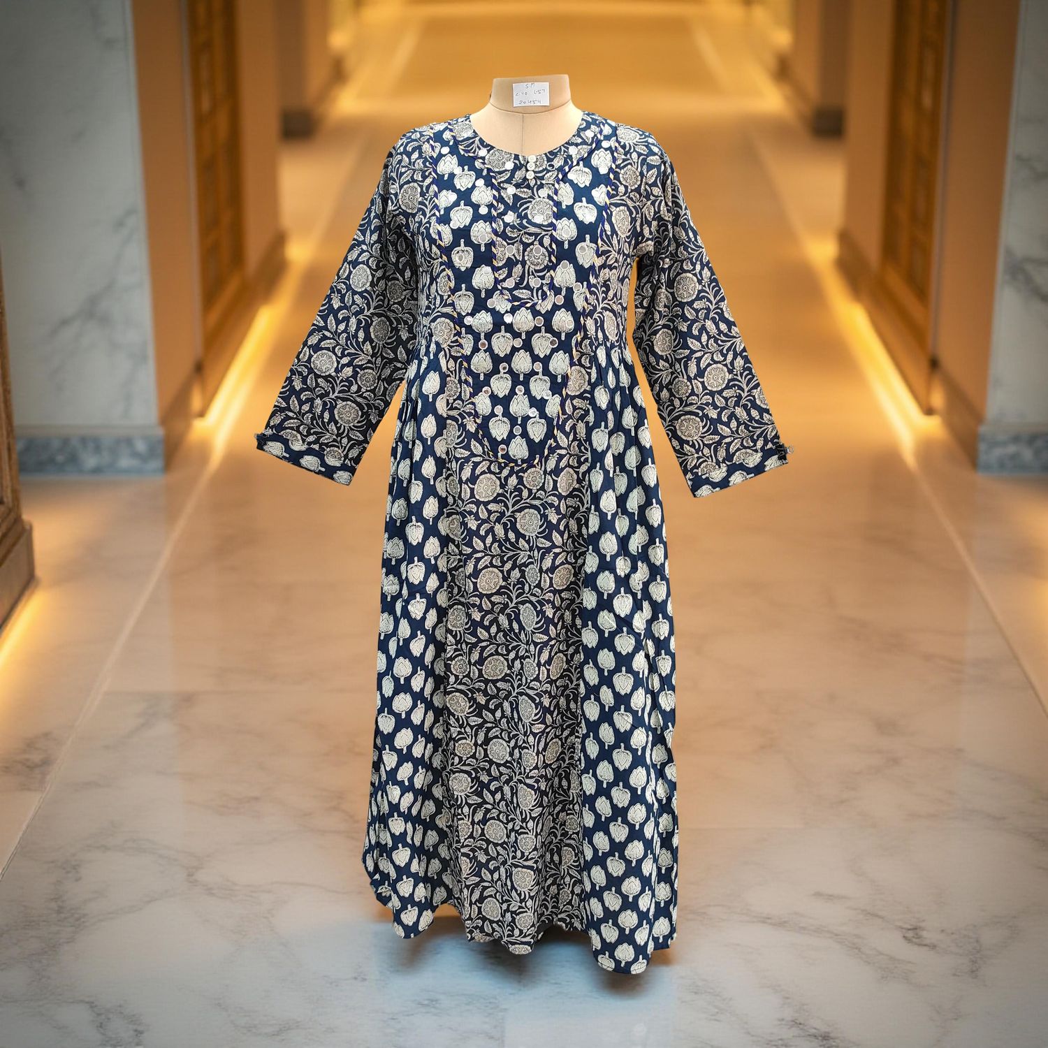 S/M Suf Printed Cotton Dress 57&quot;Long Sleeves Jalabiya