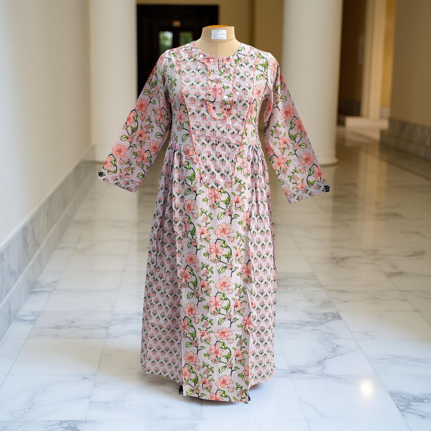 XS/S Suf Printed Cotton Dress 54&quot;Long Sleeves Jalabiya