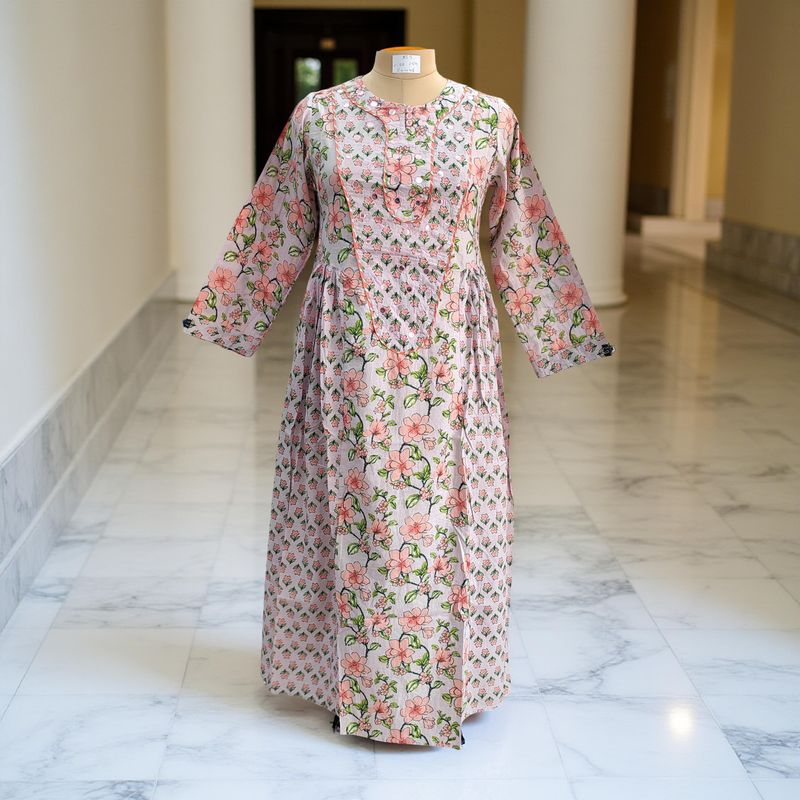 XS/S Suf Printed Cotton Dress 54&quot;Long Sleeves Jalabiya