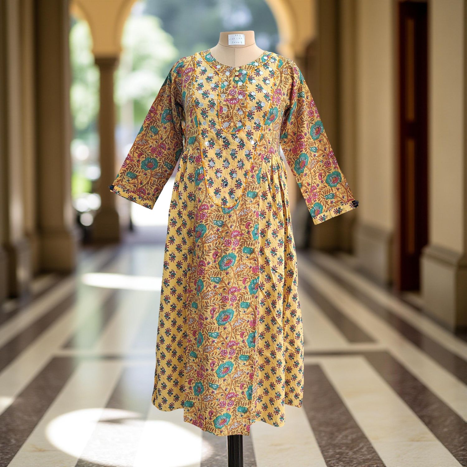 XS/S Suf Printed Cotton Dress 54&quot;Long Sleeves Jalabiya