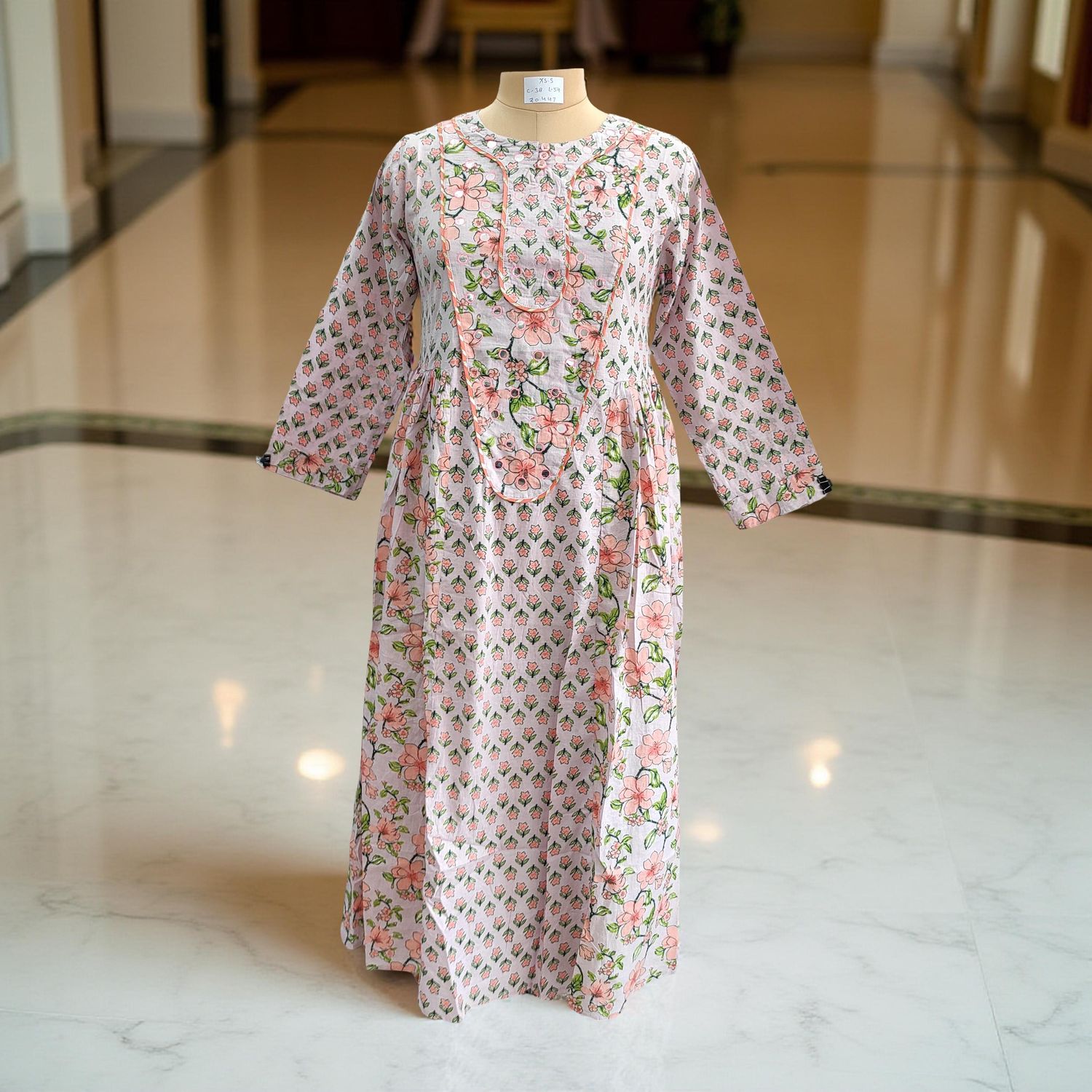 XS/S Suf Printed Cotton Dress 54&quot;Long Sleeves Jalabiya