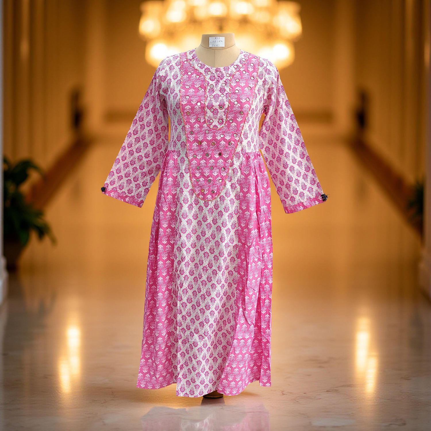 XS/S Suf Printed Cotton Dress 54&quot;Long Sleeves Jalabiya