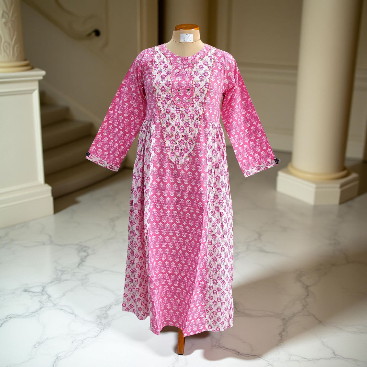 XS/S Suf Printed Cotton Dress 54&quot;Long Sleeves Jalabiya
