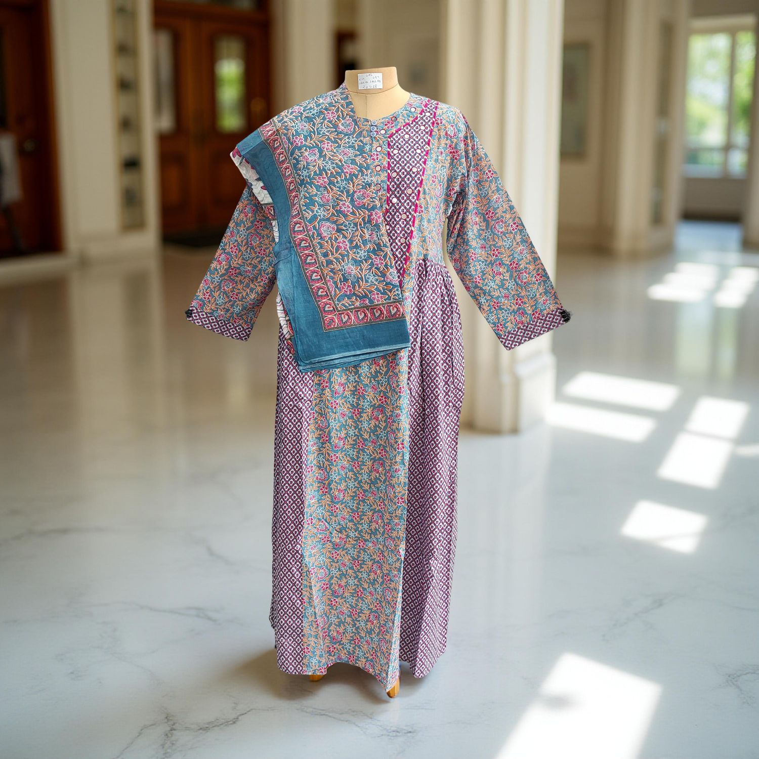 L/XL Suf With Scarf Printed Cotton Dress 57&quot;Long Sleeves Jalabiya