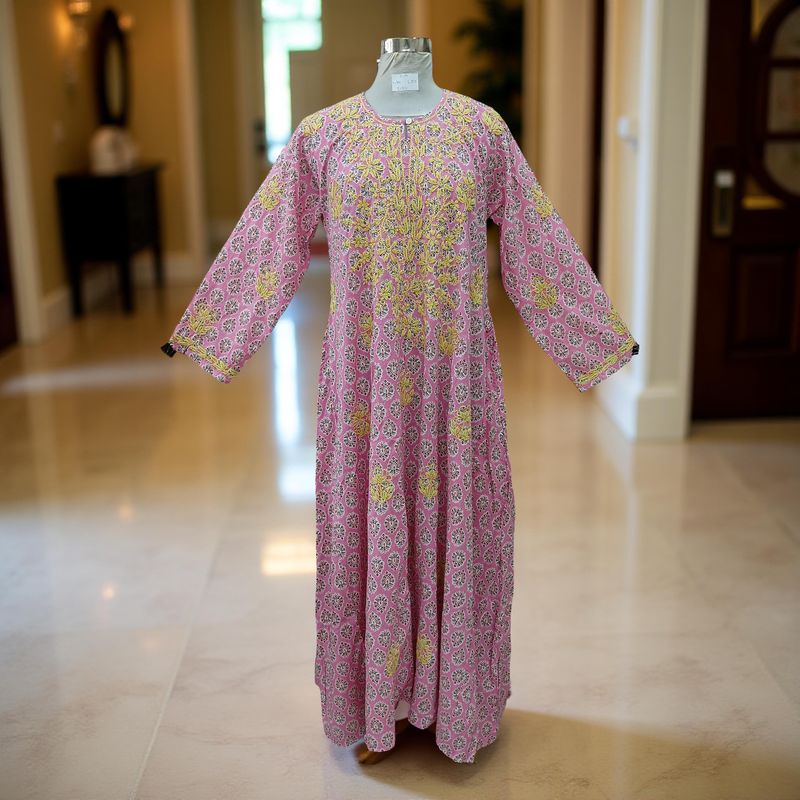S/M Fahar Embroidery Printed Cotton Dress 57&quot; Long Jalabiya