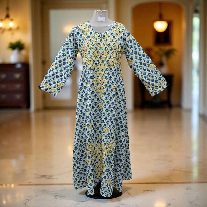 S/M Fahar Embroidery Printed Cotton Dress 57&quot; Long Jalabiya