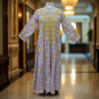 S/M Fahar Embroidery Printed Cotton Dress 57&quot; Long Jalabiya