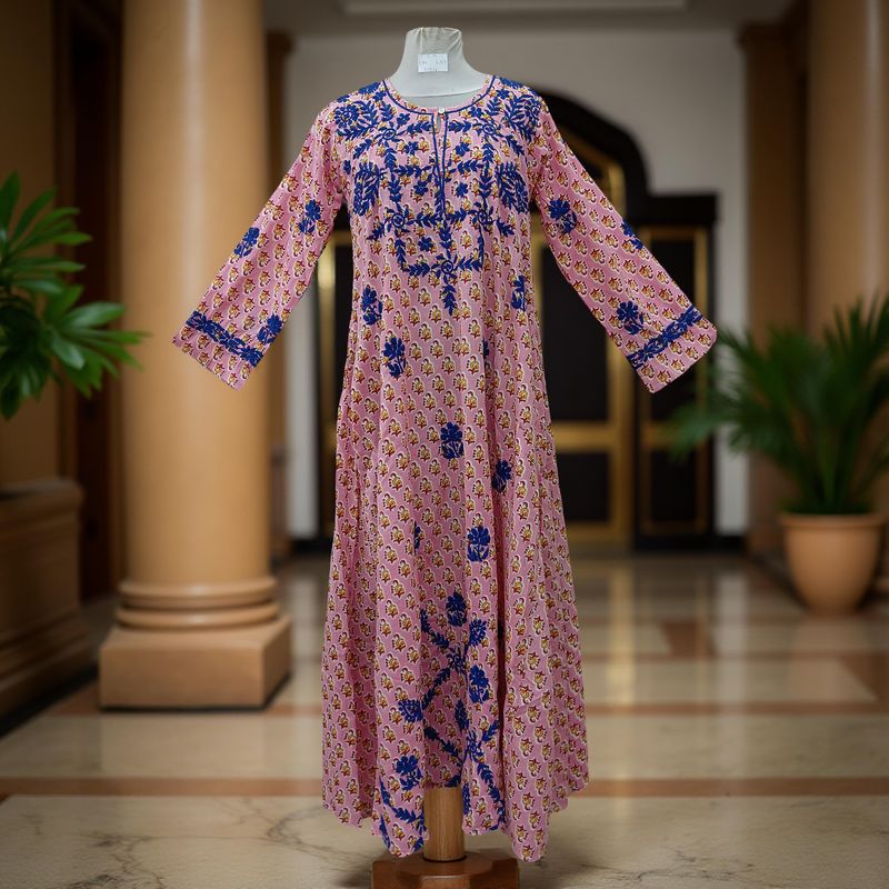 S/M Fahar Embroidery Printed Cotton Dress 57&quot; Long Jalabiya