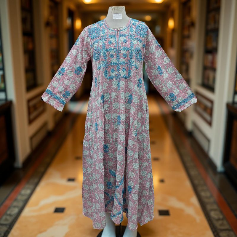 S/M Fahar Embroidery Printed Cotton Dress 57&quot; Long Jalabiya