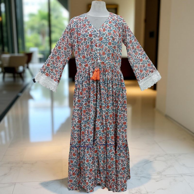 S/M Ari Printed Cotton Dress 57&quot; Long Jalabiya
