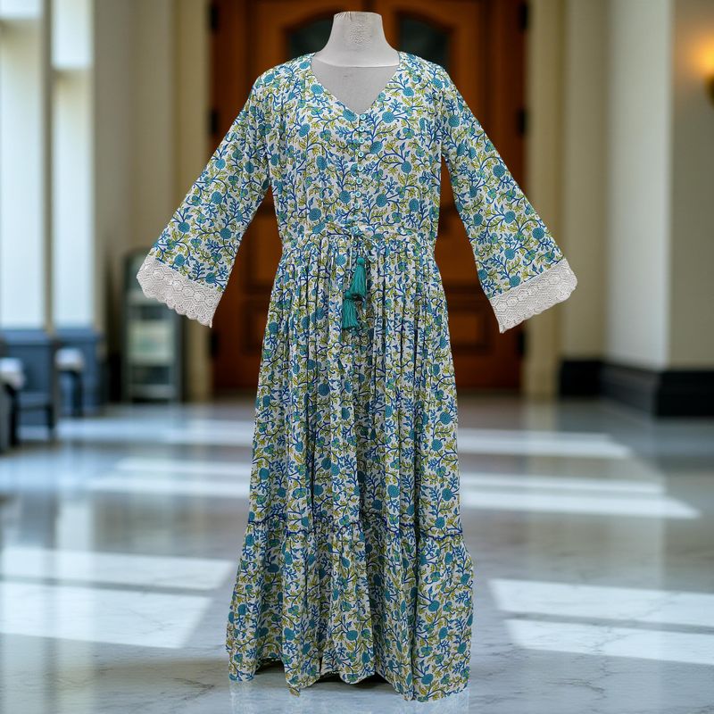 S/M Ari Printed Cotton Dress 57&quot; Long Jalabiya