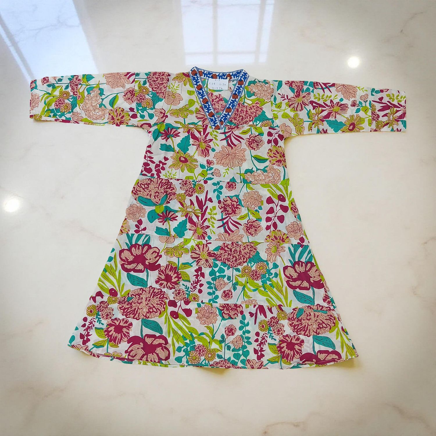 2-3 Year Teena Printed Cotton Girls Dress 30&quot; Long Jalabiya