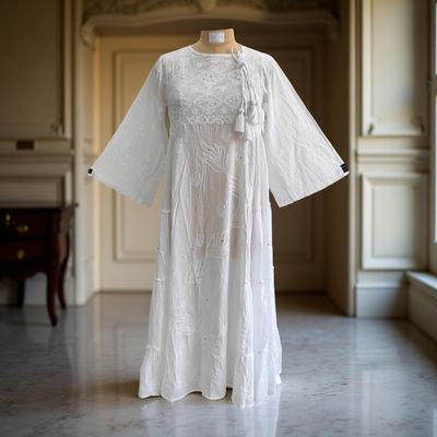 XS/S Embroidery Cindrella White Plain Cotton Dress 54&quot; Long Jalabiya
